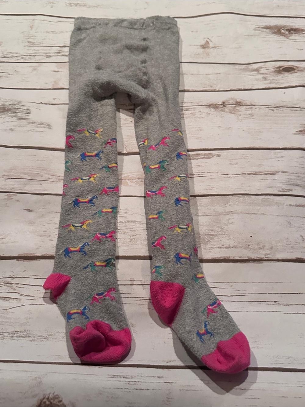 Mini Boden gray tights with multicolored horse print, fair pilling size 3-4Y